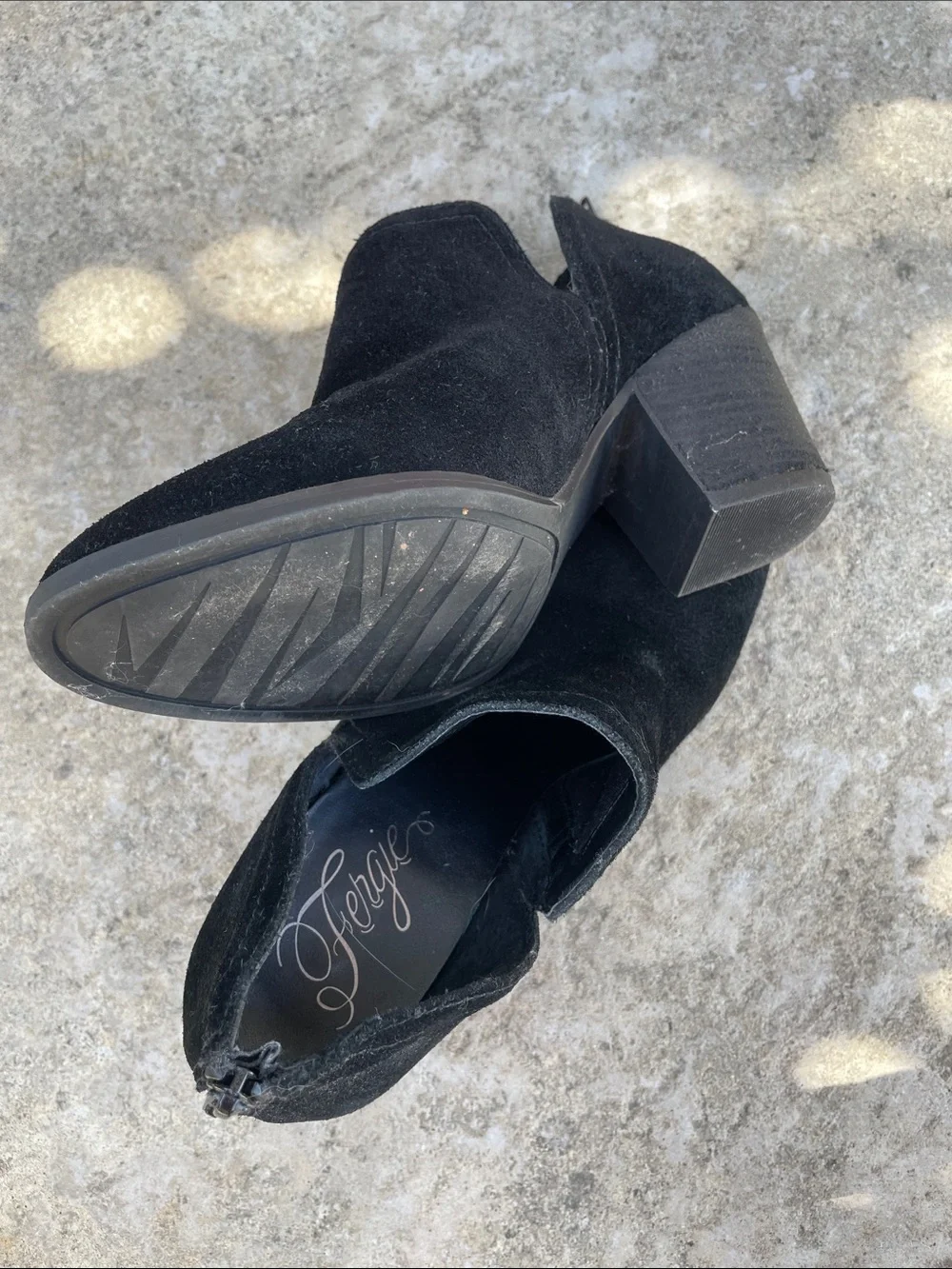 Fergie Black Suede Chunky Heel Ankle Booties
